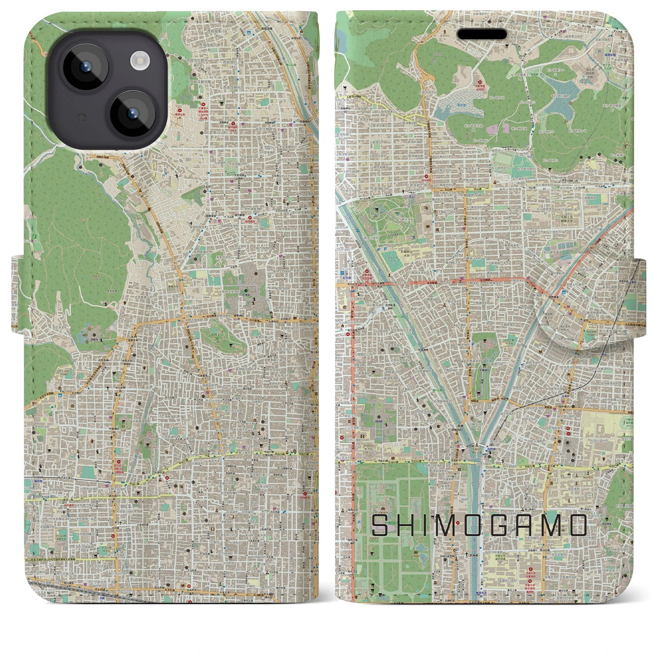 【下鴨(京都府)】地図柄iPhoneケース(手帳タイプ)ナチュラル・iPhone 14 Plus 用