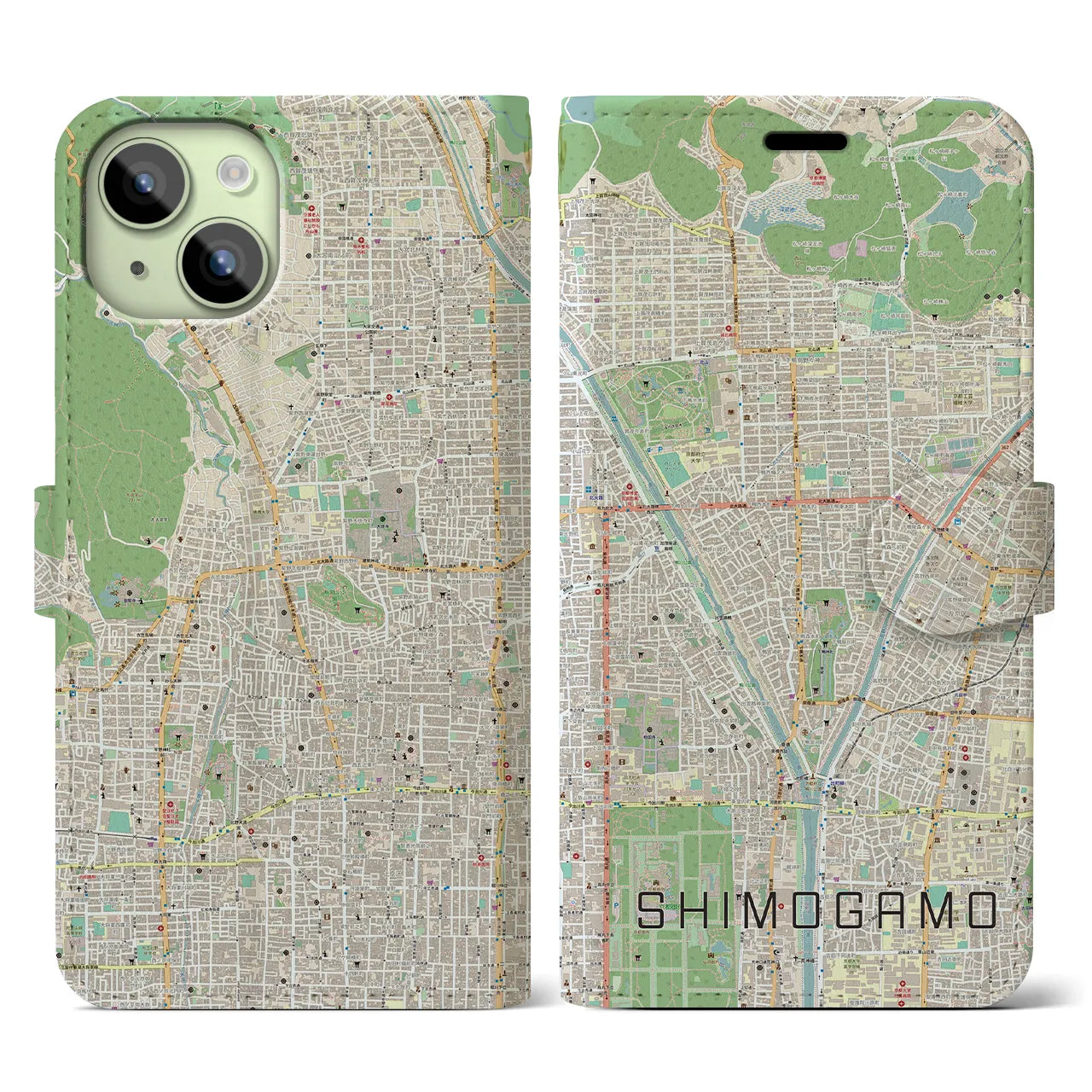 【下鴨(京都府)】地図柄iPhoneケース(手帳タイプ)ナチュラル・iPhone 15 用