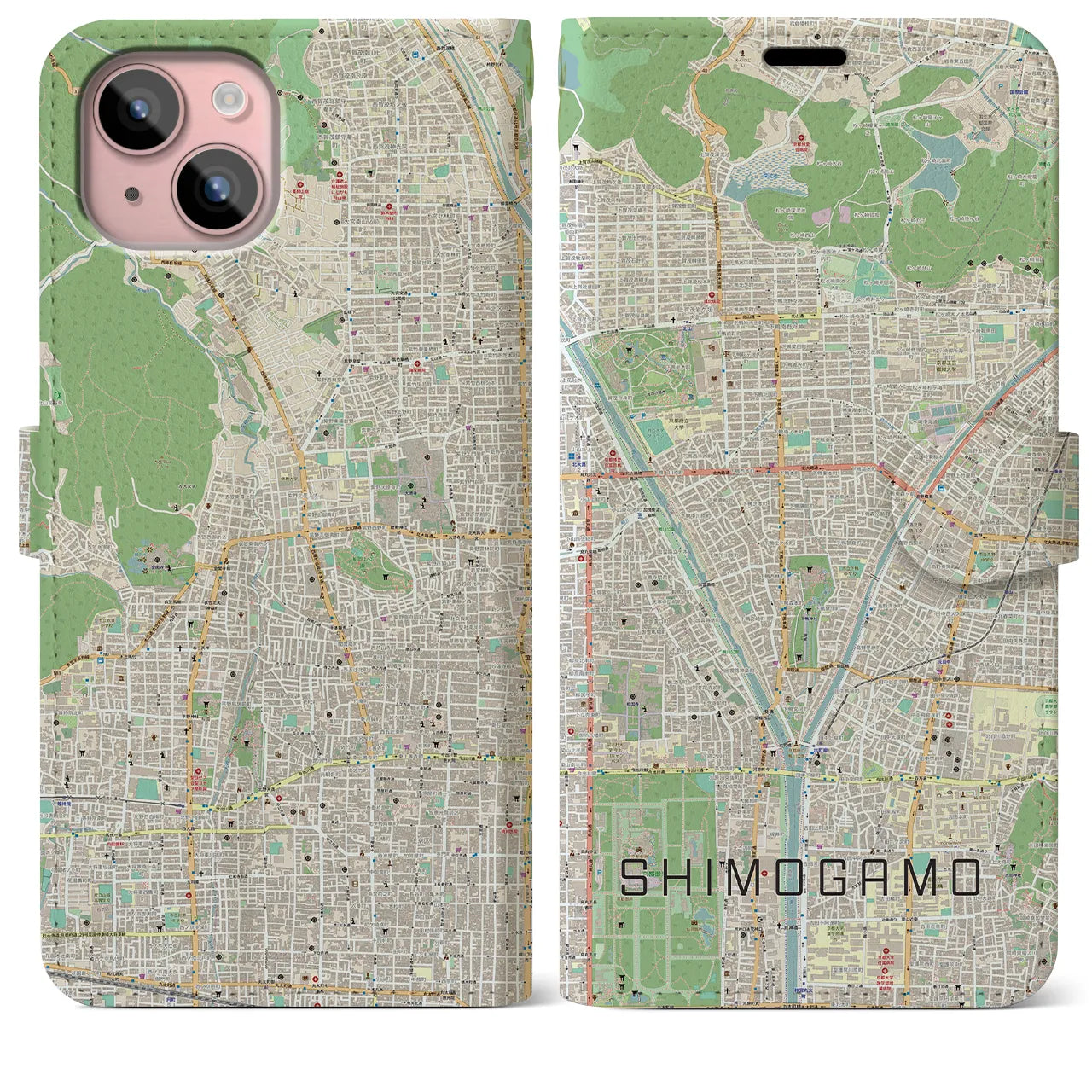 【下鴨(京都府)】地図柄iPhoneケース(手帳タイプ)ナチュラル・iPhone 15 Plus 用