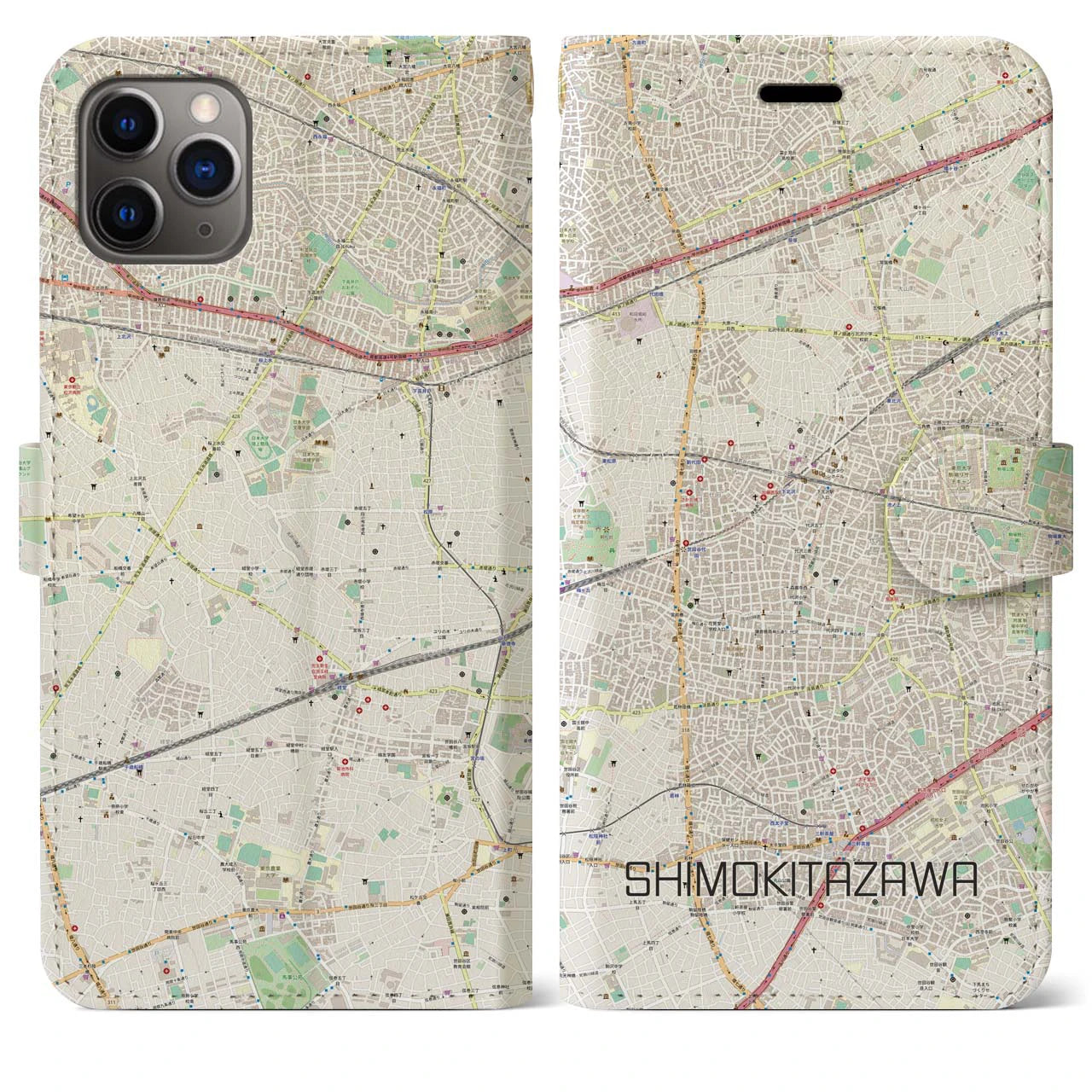 【下北沢(東京都)】地図柄iPhoneケース(手帳タイプ)ナチュラル・iPhone 11 Pro Max 用