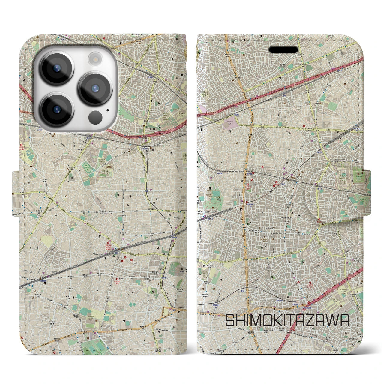 【下北沢(東京都)】地図柄iPhoneケース(手帳タイプ)ナチュラル・iPhone 14 Pro 用