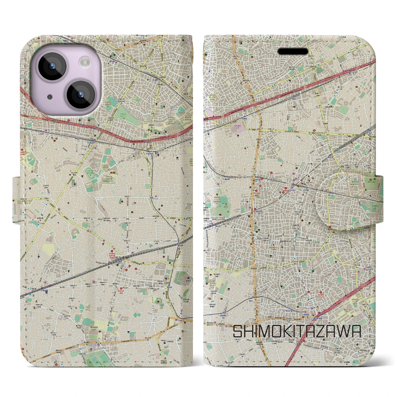 【下北沢(東京都)】地図柄iPhoneケース(手帳タイプ)ナチュラル・iPhone 14 用