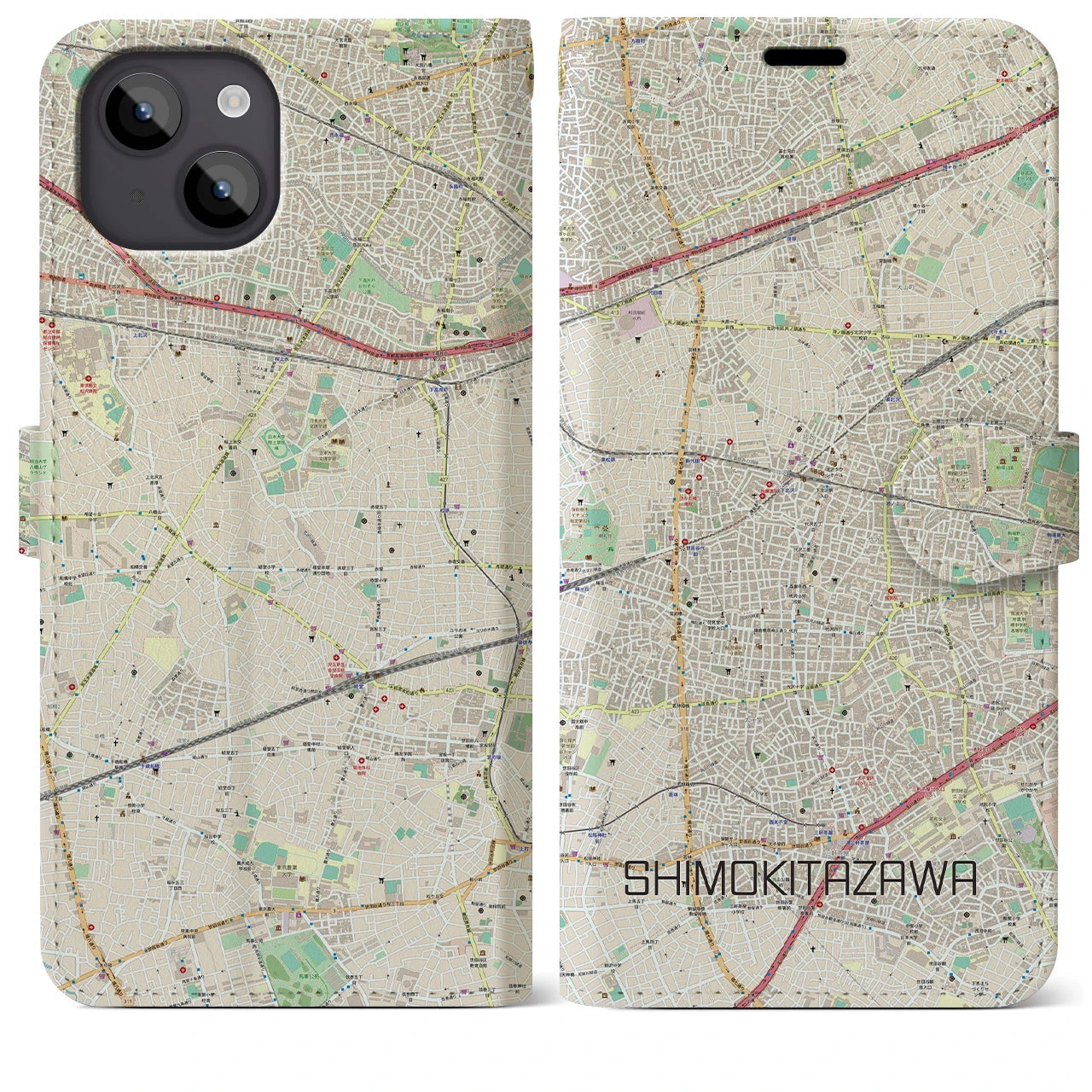 【下北沢(東京都)】地図柄iPhoneケース(手帳タイプ)ナチュラル・iPhone 14 Plus 用