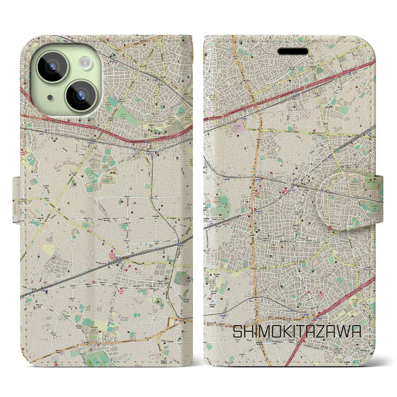 【下北沢(東京都)】地図柄iPhoneケース(手帳タイプ)ナチュラル・iPhone 15 用