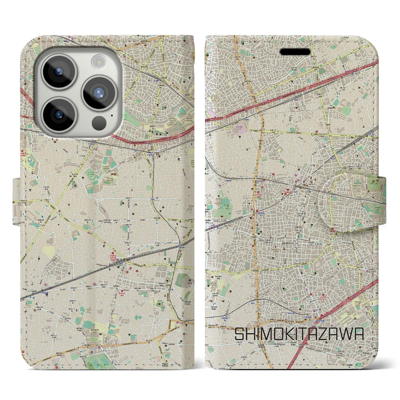 【下北沢(東京都)】地図柄iPhoneケース(手帳タイプ)ナチュラル・iPhone 15 Pro 用