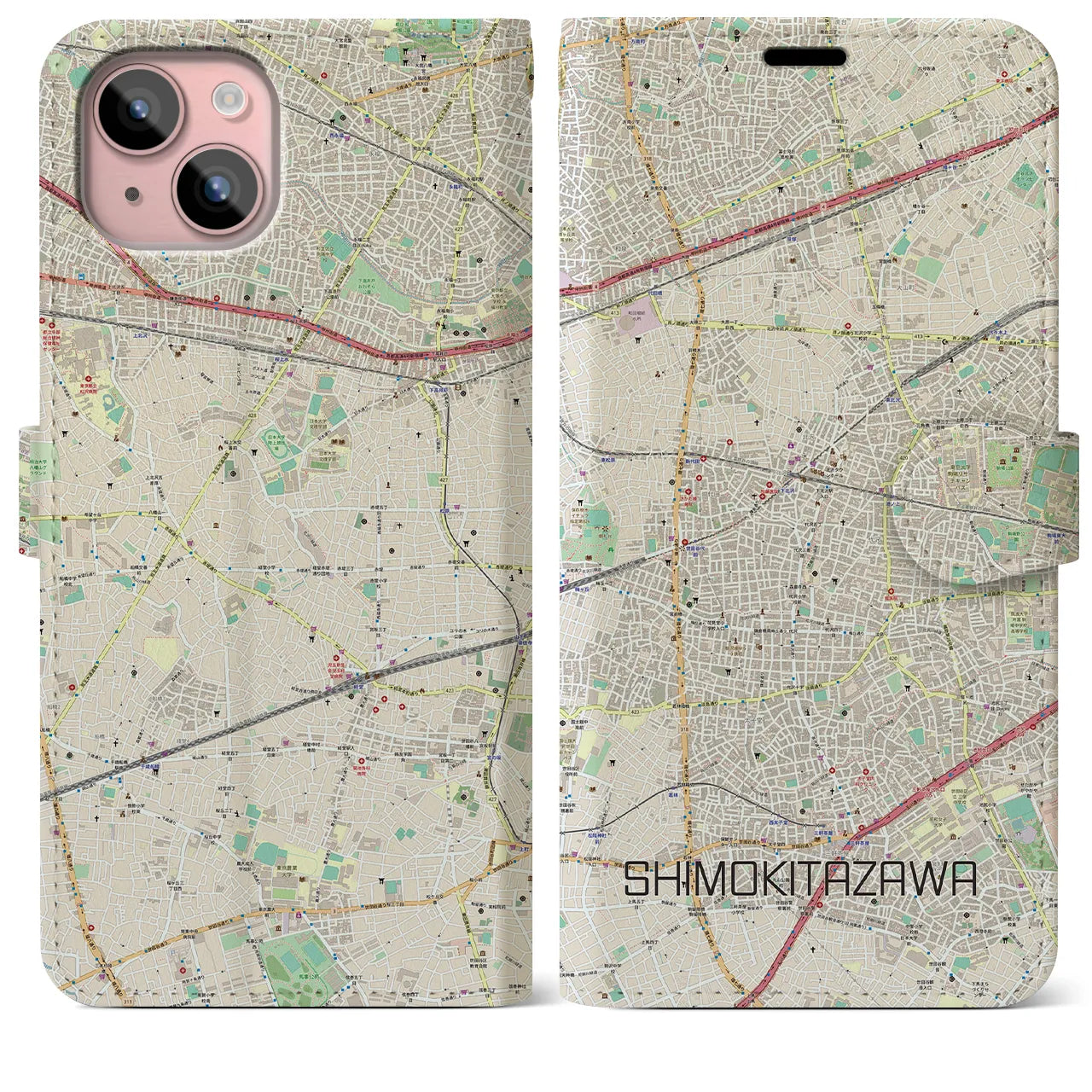 【下北沢(東京都)】地図柄iPhoneケース(手帳タイプ)ナチュラル・iPhone 15 Plus 用