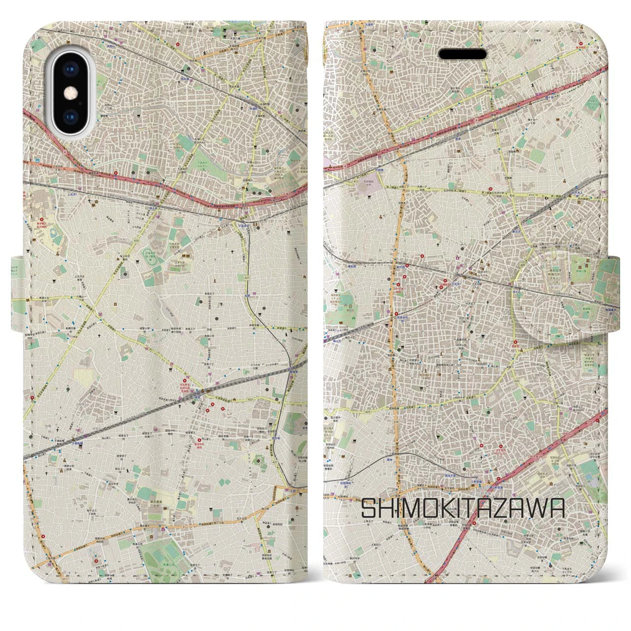 【下北沢(東京都)】地図柄iPhoneケース(手帳タイプ)ナチュラル・iPhone XS Max 用