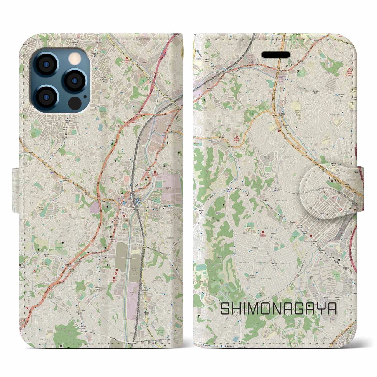 【下永谷(神奈川県)】地図柄iPhoneケース(手帳タイプ)ナチュラル・iPhone 12 / 12 Pro 用