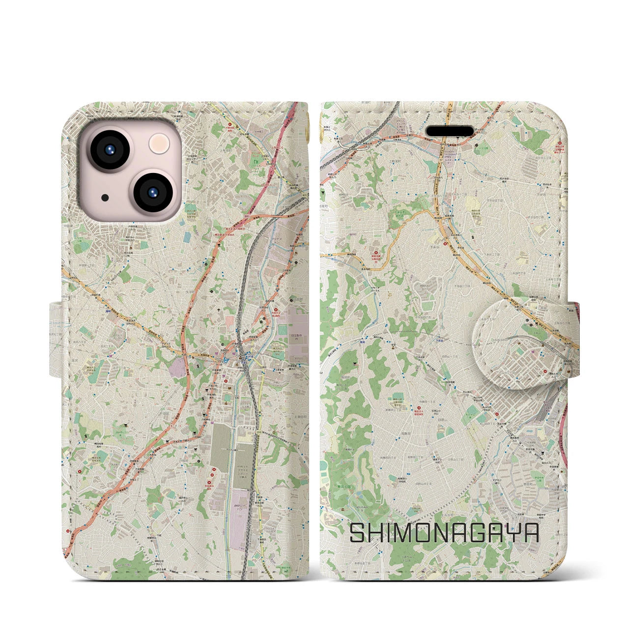【下永谷(神奈川県)】地図柄iPhoneケース(手帳タイプ)ナチュラル・iPhone 13 mini 用
