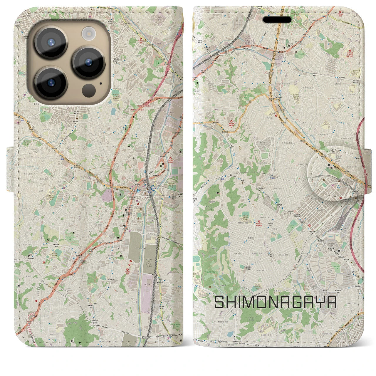 【下永谷(神奈川県)】地図柄iPhoneケース(手帳タイプ)ナチュラル・iPhone 14 Pro Max 用