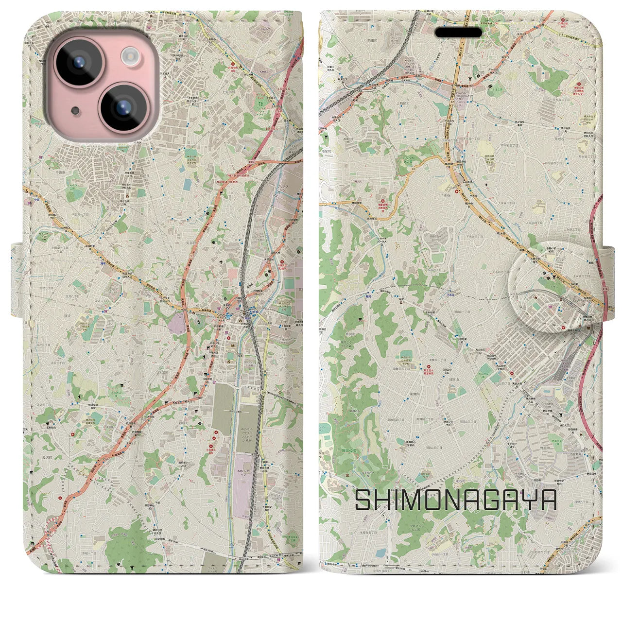 【下永谷(神奈川県)】地図柄iPhoneケース(手帳タイプ)ナチュラル・iPhone 15 Plus 用