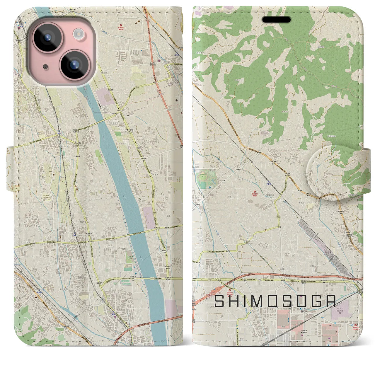 【下曽我(神奈川県)】地図柄iPhoneケース(手帳タイプ)ナチュラル・iPhone 15 Plus 用