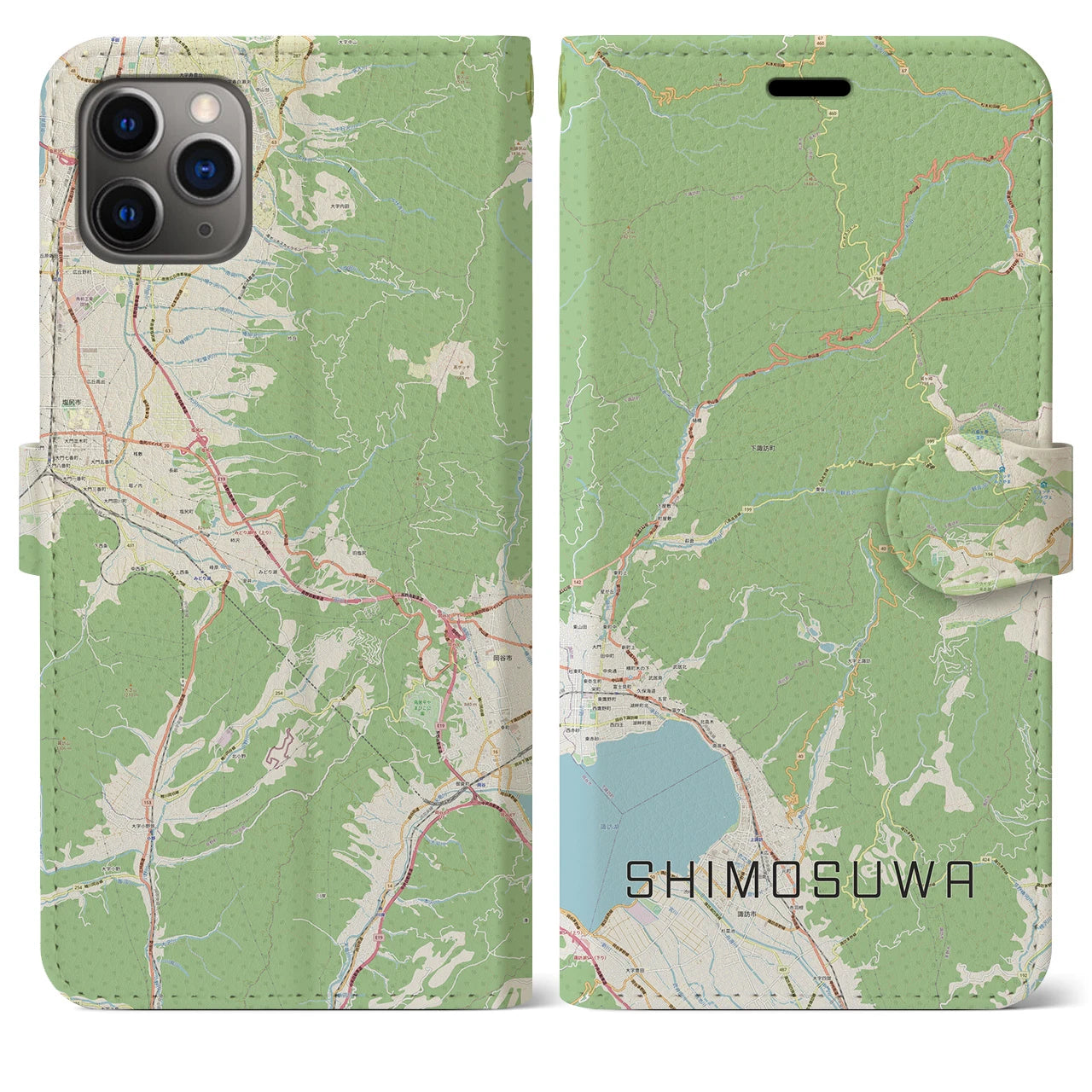 【下諏訪(長野県)】地図柄iPhoneケース(手帳タイプ)ナチュラル・iPhone 11 Pro Max 用
