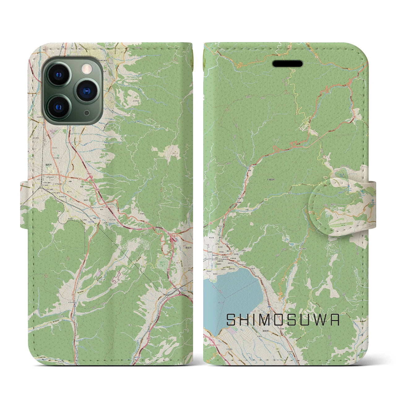 【下諏訪(長野県)】地図柄iPhoneケース(手帳タイプ)ナチュラル・iPhone 11 Pro 用