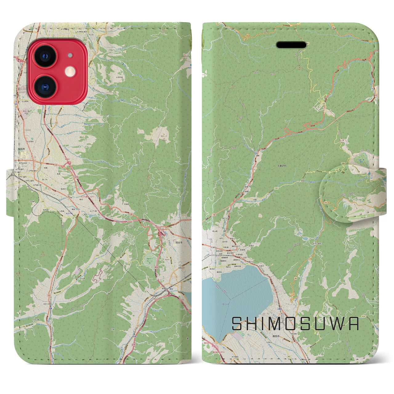 【下諏訪(長野県)】地図柄iPhoneケース(手帳タイプ)ナチュラル・iPhone 11 用