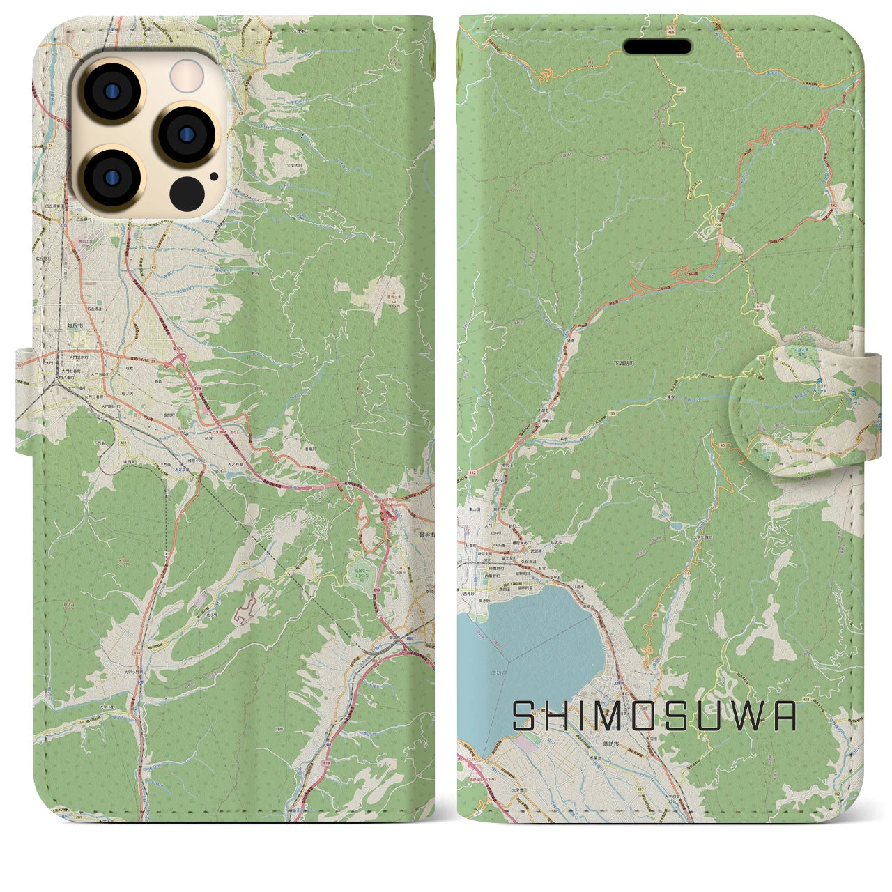 【下諏訪(長野県)】地図柄iPhoneケース(手帳タイプ)ナチュラル・iPhone 12 Pro Max 用