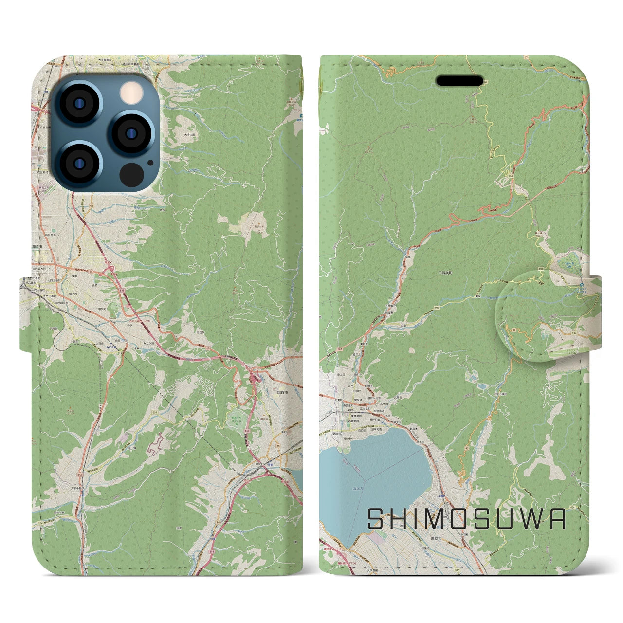 【下諏訪(長野県)】地図柄iPhoneケース(手帳タイプ)ナチュラル・iPhone 12 / 12 Pro 用