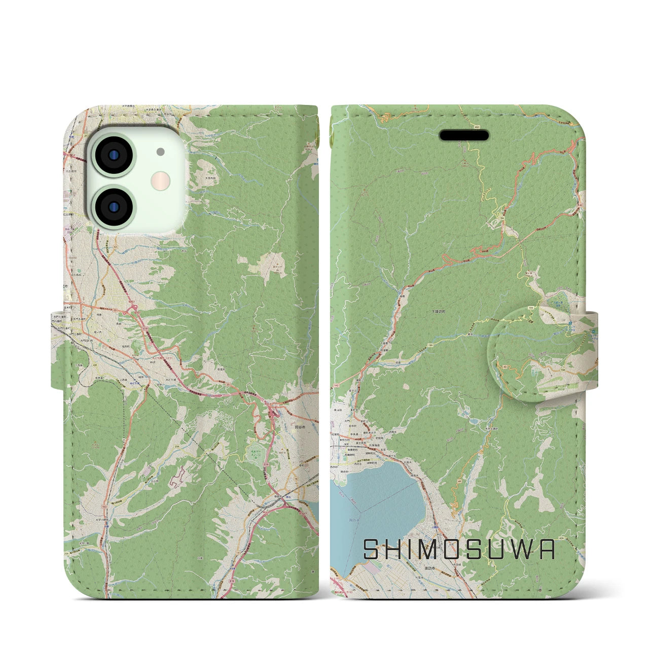 【下諏訪(長野県)】地図柄iPhoneケース(手帳タイプ)ナチュラル・iPhone 12 mini 用