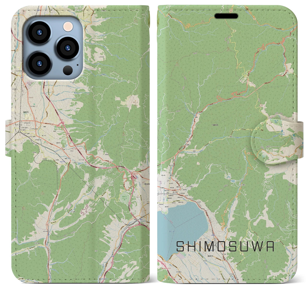 【下諏訪(長野県)】地図柄iPhoneケース(手帳タイプ)ナチュラル・iPhone 13 Pro Max 用