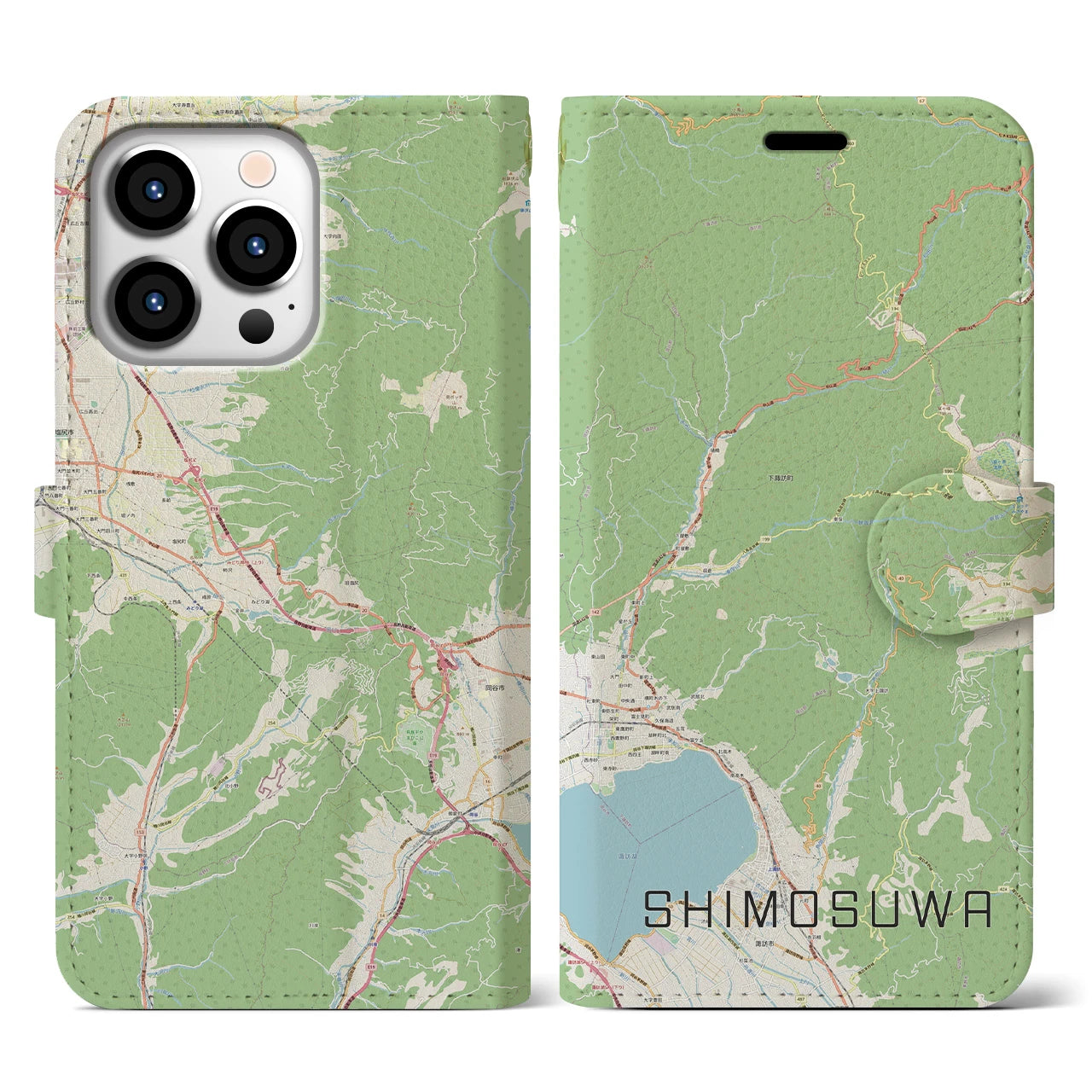 【下諏訪(長野県)】地図柄iPhoneケース(手帳タイプ)ナチュラル・iPhone 13 Pro 用