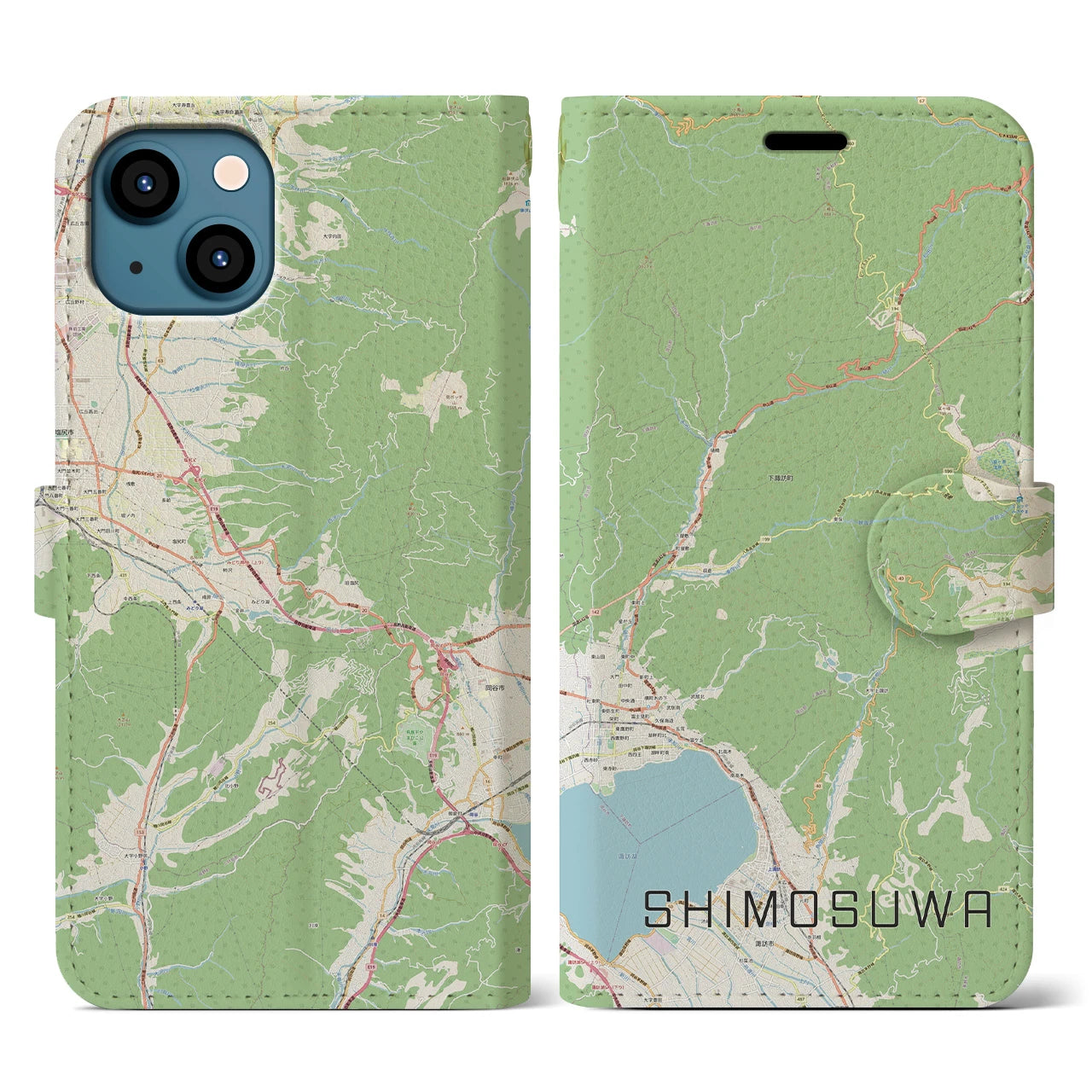 【下諏訪(長野県)】地図柄iPhoneケース(手帳タイプ)ナチュラル・iPhone 13 用