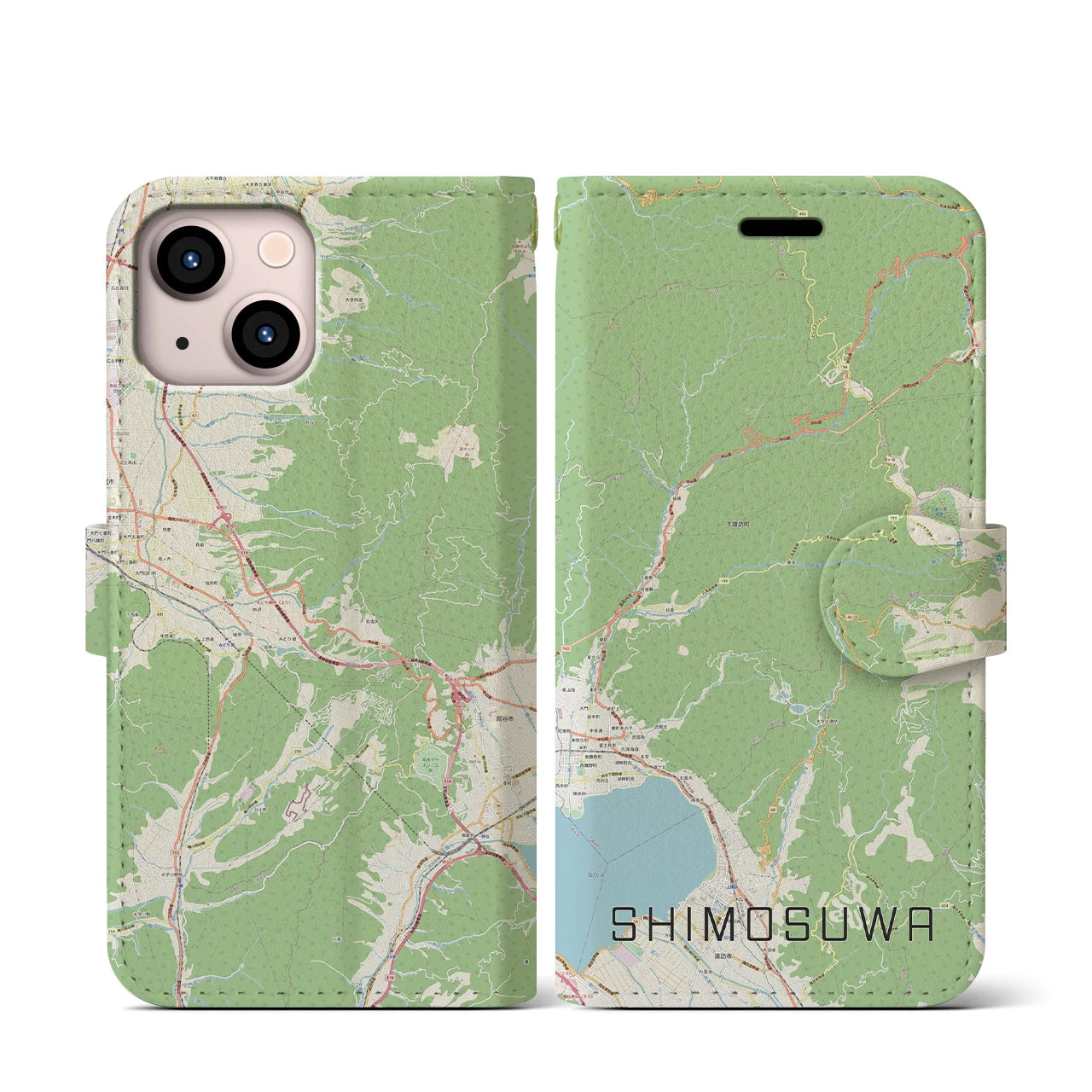 【下諏訪(長野県)】地図柄iPhoneケース(手帳タイプ)ナチュラル・iPhone 13 mini 用