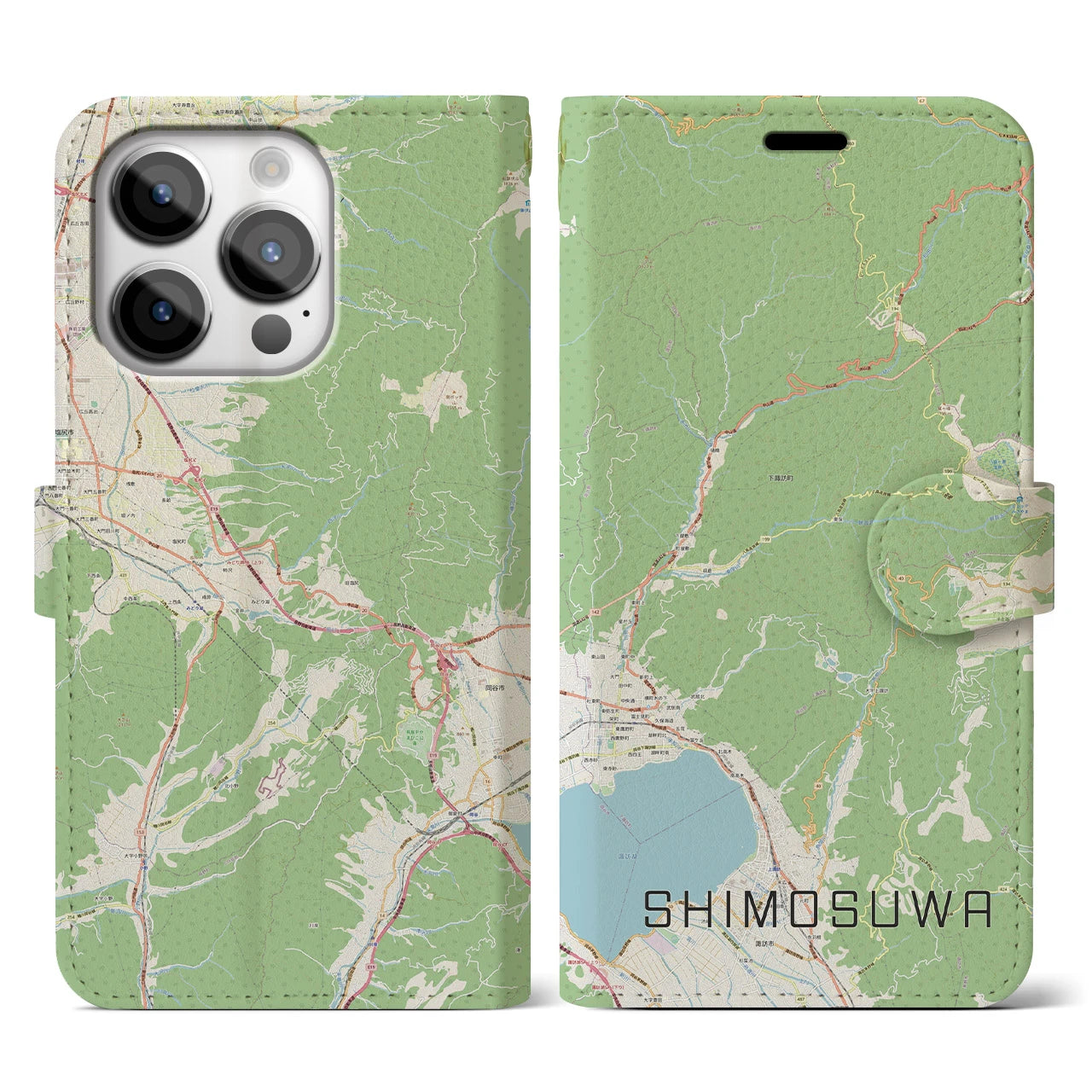 【下諏訪(長野県)】地図柄iPhoneケース(手帳タイプ)ナチュラル・iPhone 14 Pro 用