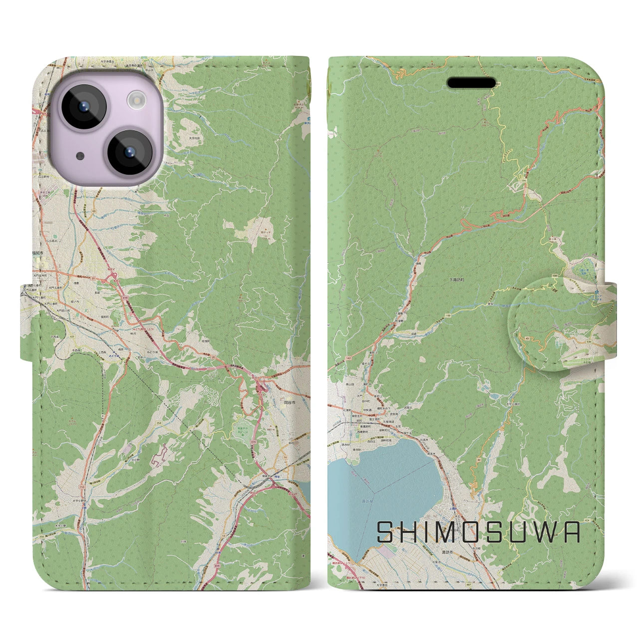 【下諏訪(長野県)】地図柄iPhoneケース(手帳タイプ)ナチュラル・iPhone 14 用