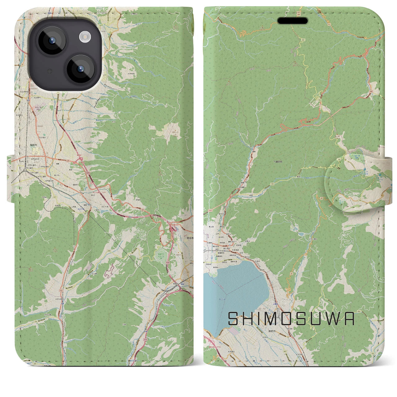 【下諏訪(長野県)】地図柄iPhoneケース(手帳タイプ)ナチュラル・iPhone 14 Plus 用
