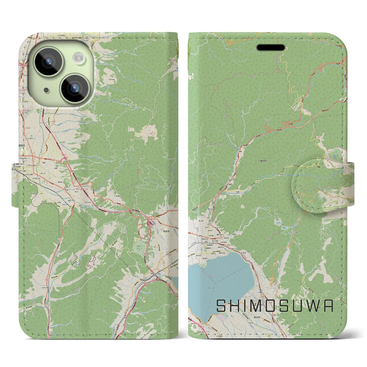 【下諏訪(長野県)】地図柄iPhoneケース(手帳タイプ)ナチュラル・iPhone 15 用