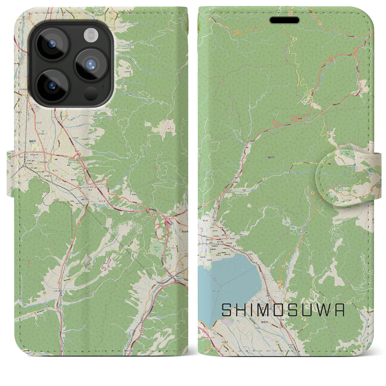 【下諏訪(長野県)】地図柄iPhoneケース(手帳タイプ)ナチュラル・iPhone 15 Pro Max 用