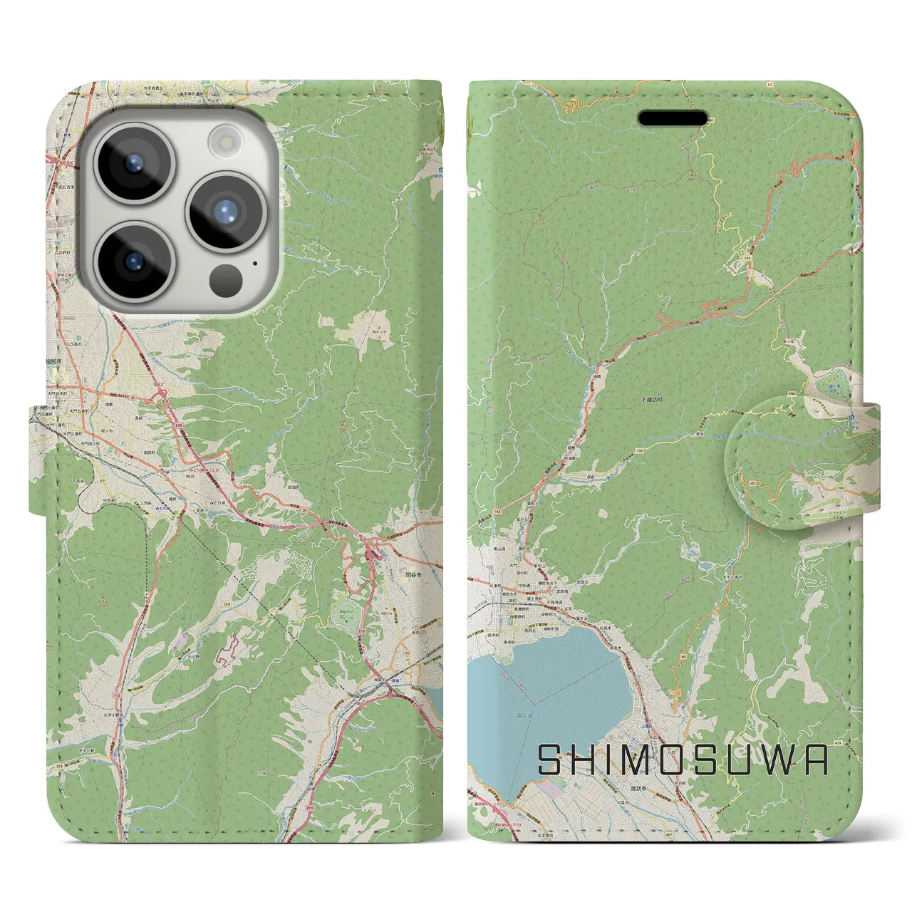 【下諏訪(長野県)】地図柄iPhoneケース(手帳タイプ)ナチュラル・iPhone 15 Pro 用