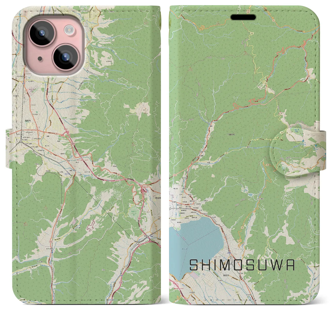 【下諏訪(長野県)】地図柄iPhoneケース(手帳タイプ)ナチュラル・iPhone 15 Plus 用