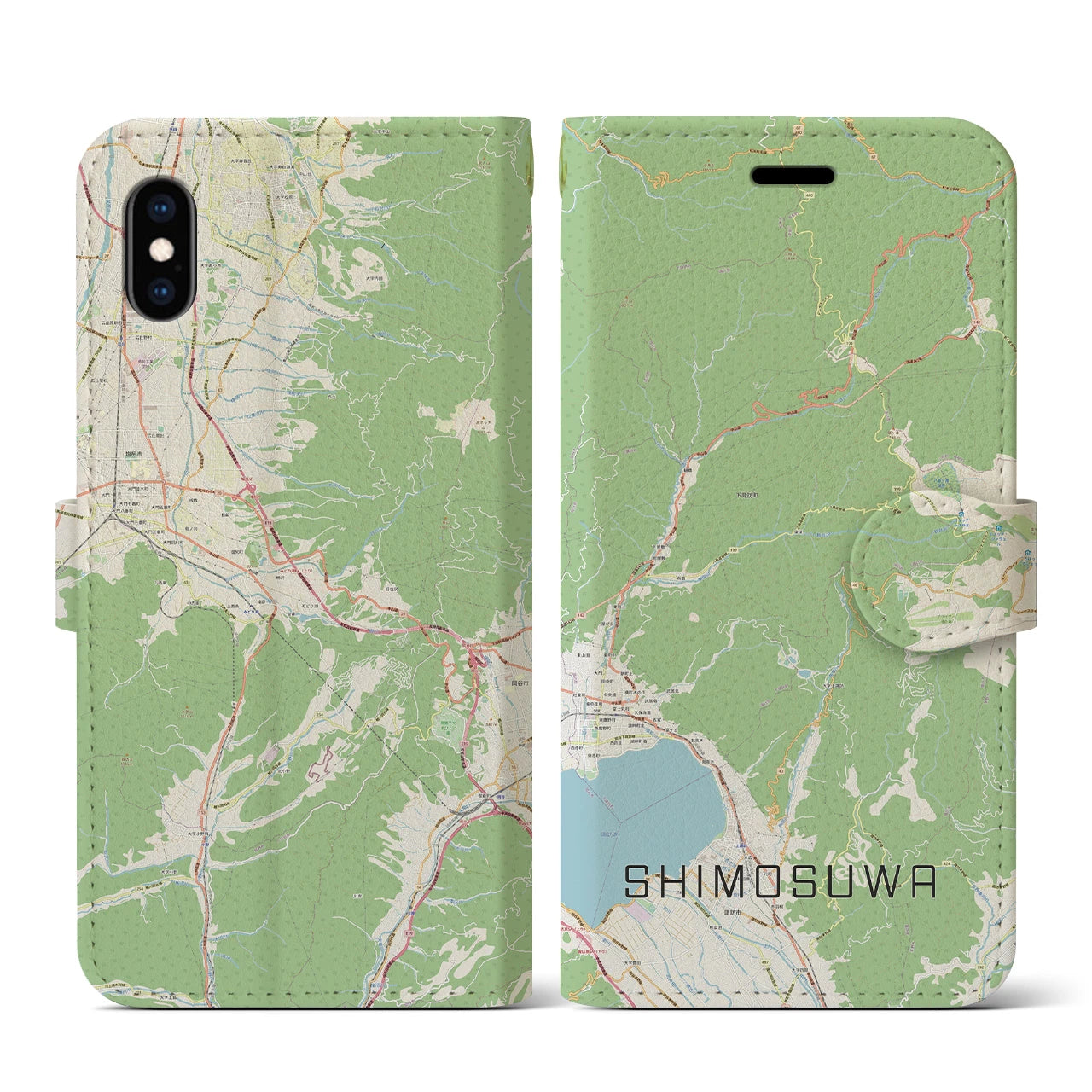 【下諏訪(長野県)】地図柄iPhoneケース(手帳タイプ)ナチュラル・iPhone XS / X 用