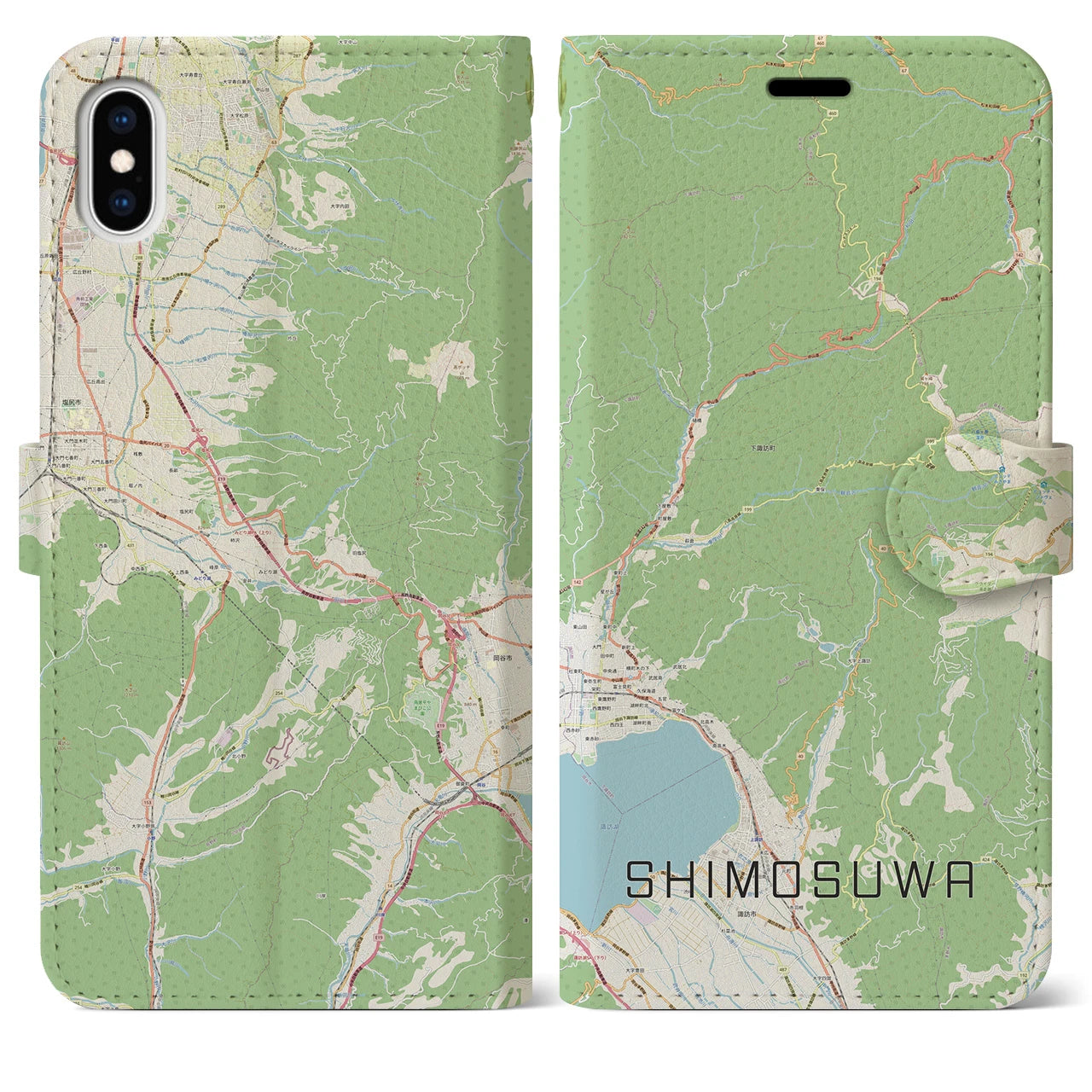 【下諏訪(長野県)】地図柄iPhoneケース(手帳タイプ)ナチュラル・iPhone XS Max 用