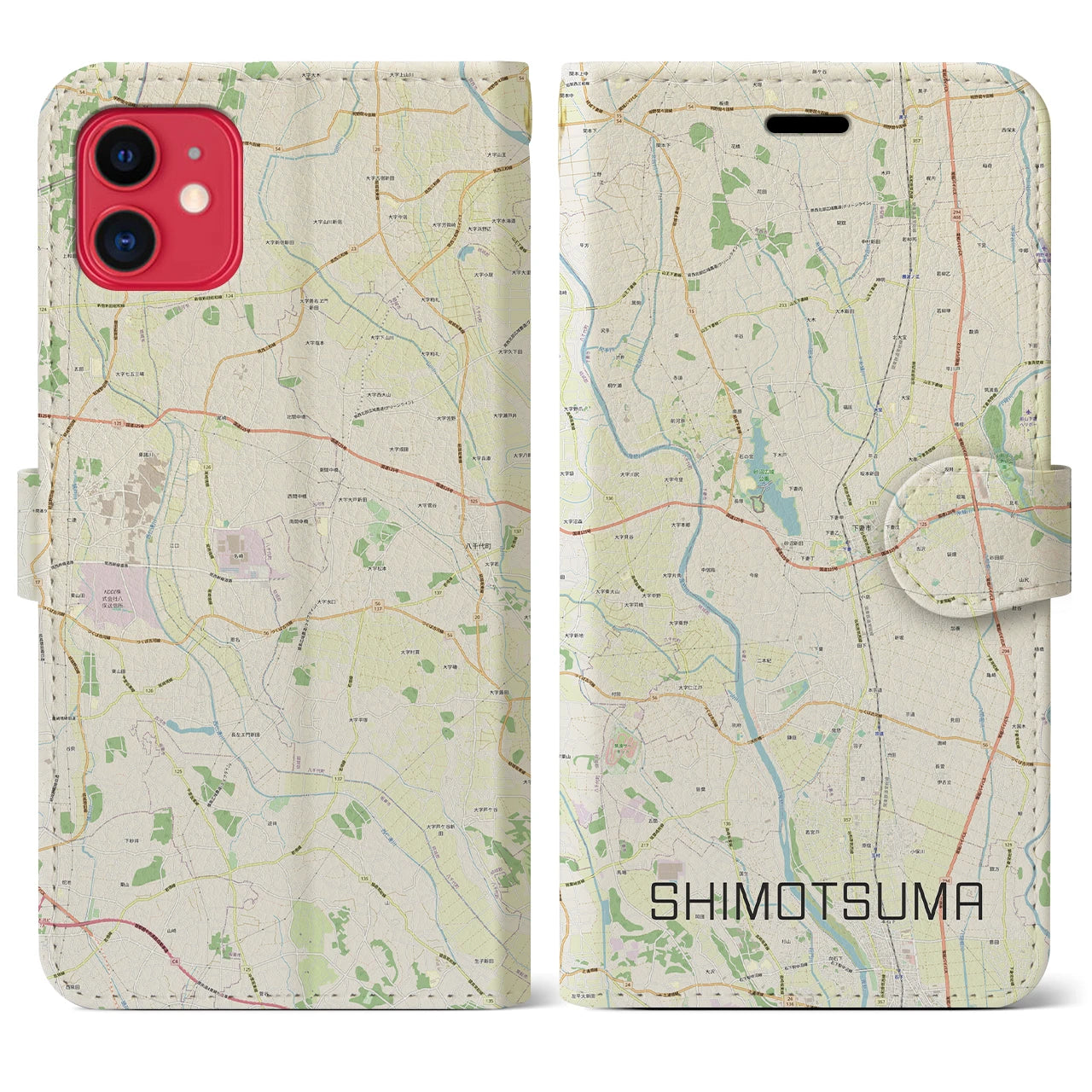 【下妻(茨城県)】地図柄iPhoneケース(手帳タイプ)ナチュラル・iPhone 11 用