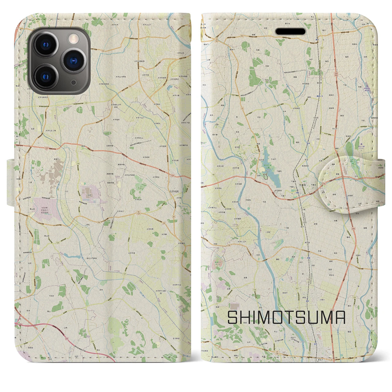 【下妻(茨城県)】地図柄iPhoneケース(手帳タイプ)ナチュラル・iPhone 11 Pro Max 用