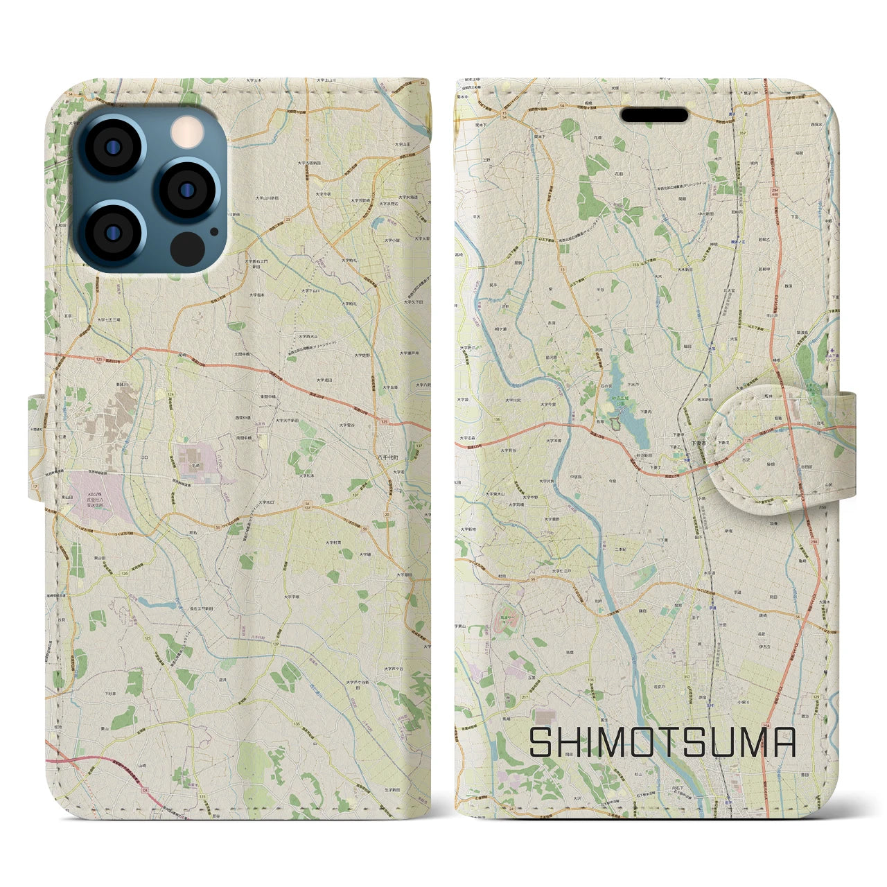 【下妻(茨城県)】地図柄iPhoneケース(手帳タイプ)ナチュラル・iPhone 12 / 12 Pro 用
