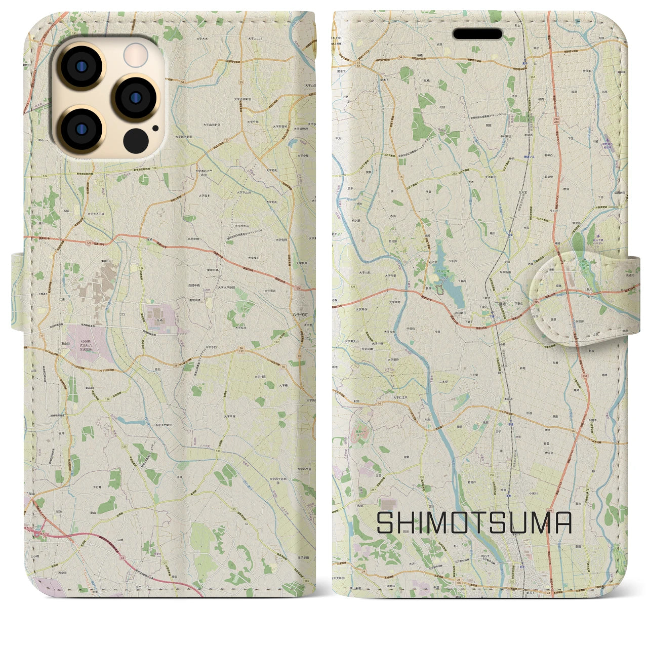【下妻(茨城県)】地図柄iPhoneケース(手帳タイプ)ナチュラル・iPhone 12 Pro Max 用