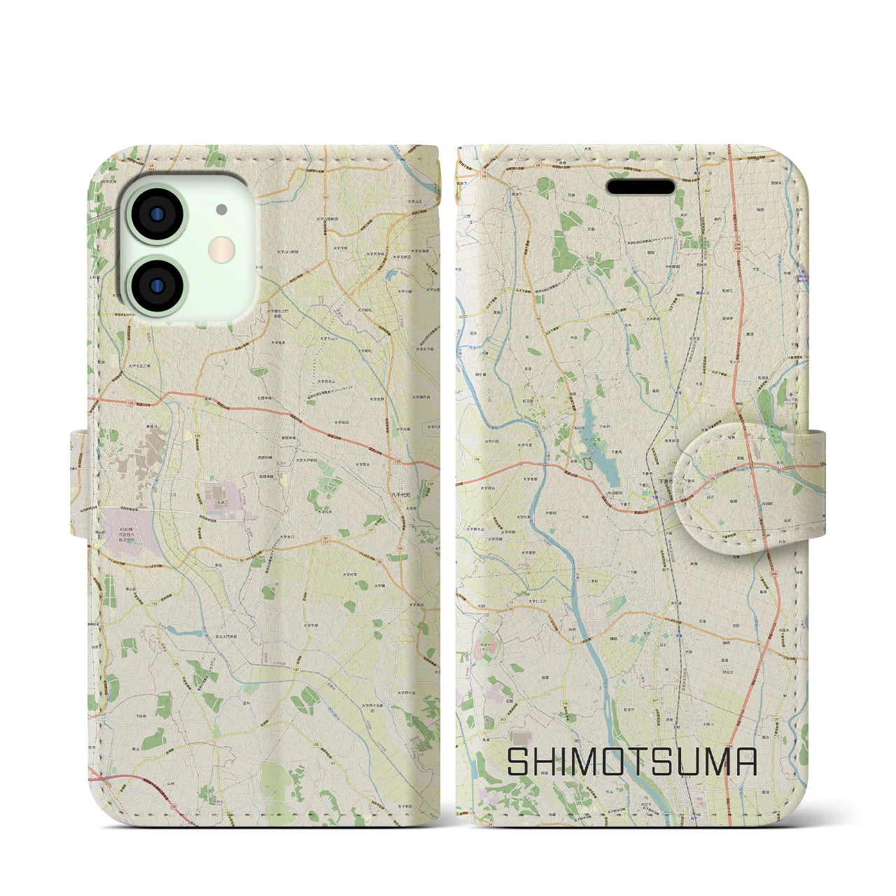 【下妻(茨城県)】地図柄iPhoneケース(手帳タイプ)ナチュラル・iPhone 12 mini 用