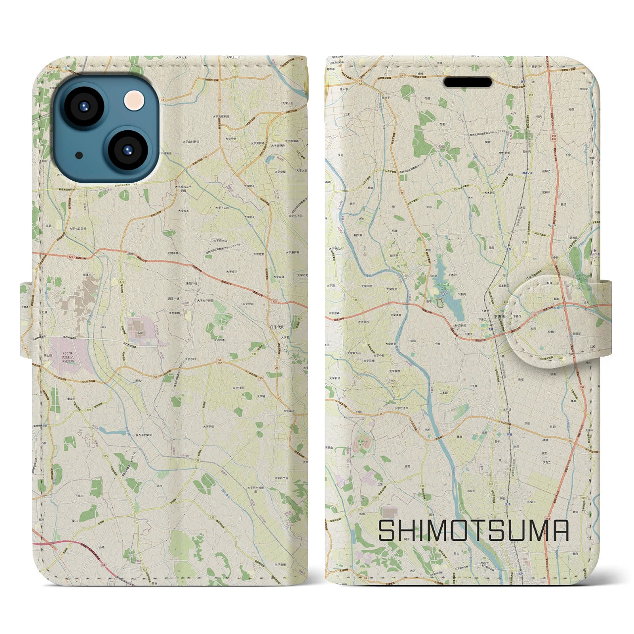 【下妻(茨城県)】地図柄iPhoneケース(手帳タイプ)ナチュラル・iPhone 13 用
