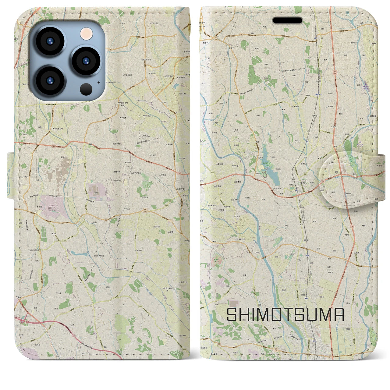 【下妻(茨城県)】地図柄iPhoneケース(手帳タイプ)ナチュラル・iPhone 13 Pro Max 用