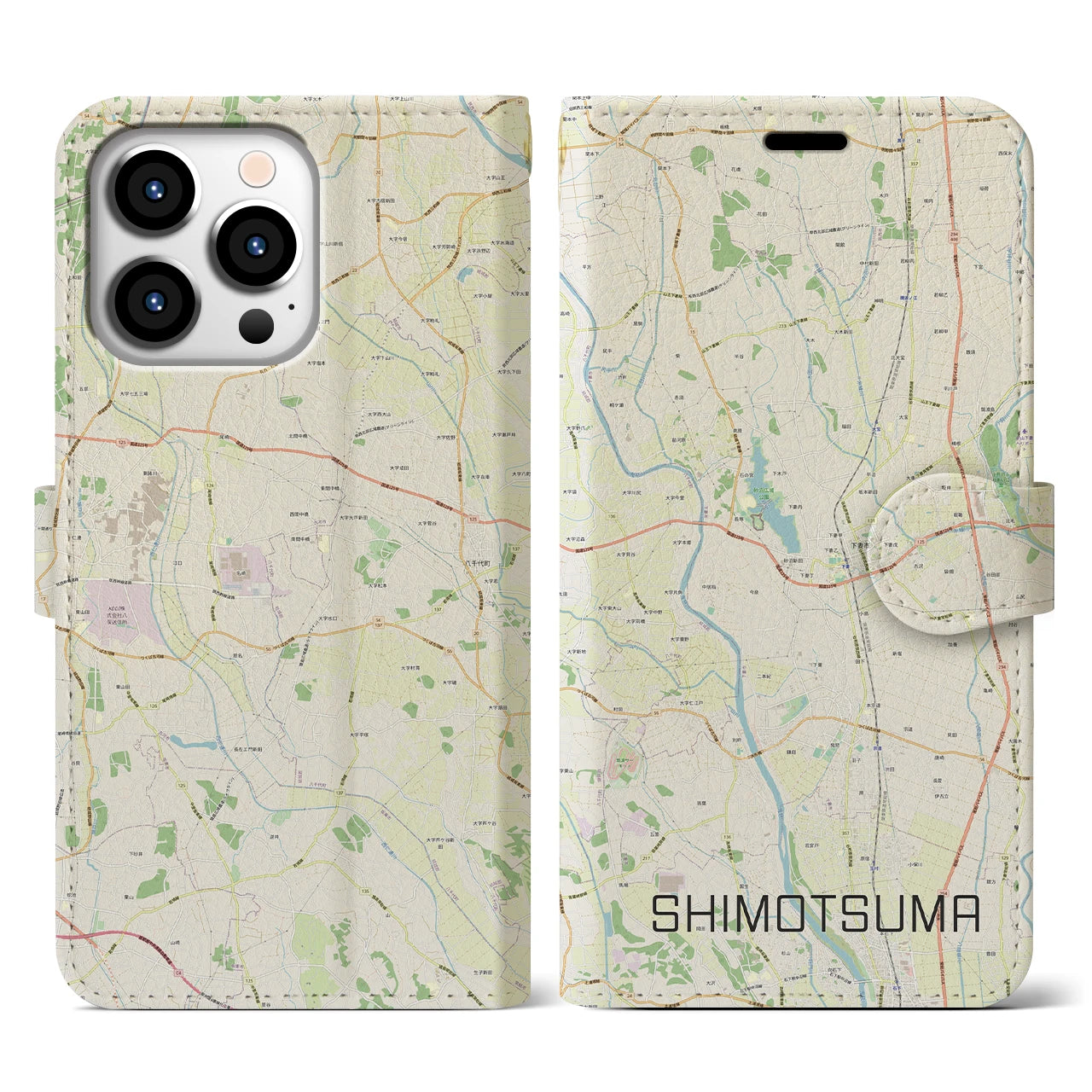 【下妻(茨城県)】地図柄iPhoneケース(手帳タイプ)ナチュラル・iPhone 13 Pro 用