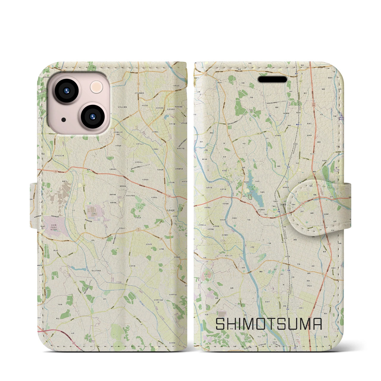 【下妻(茨城県)】地図柄iPhoneケース(手帳タイプ)ナチュラル・iPhone 13 mini 用