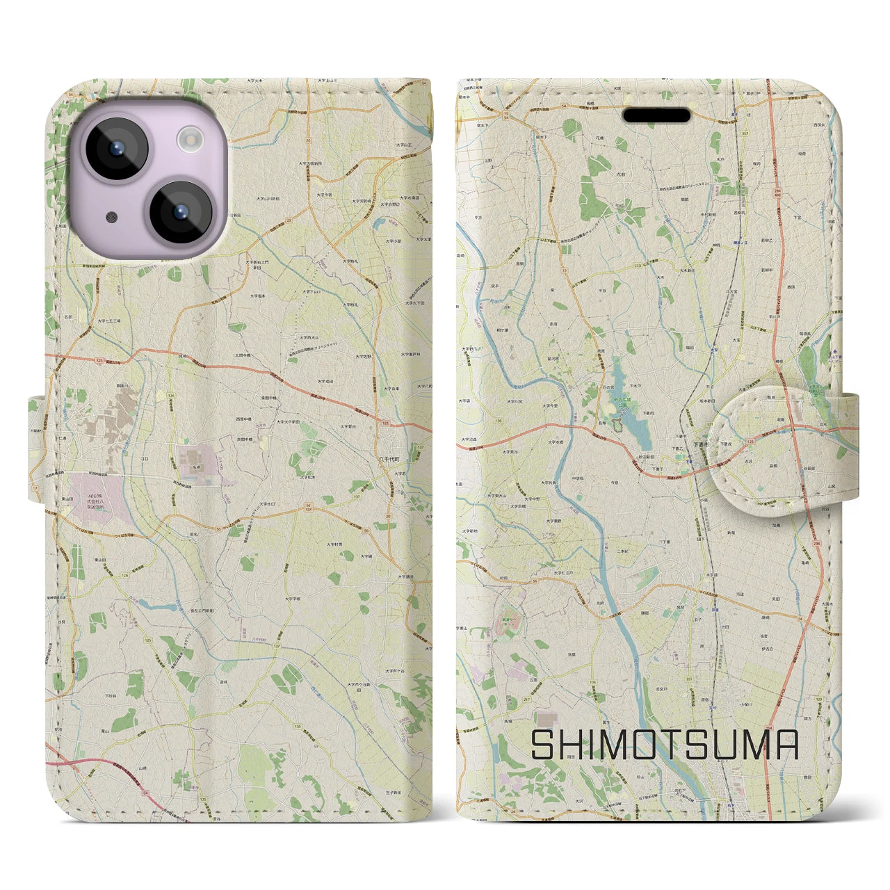 【下妻(茨城県)】地図柄iPhoneケース(手帳タイプ)ナチュラル・iPhone 14 用