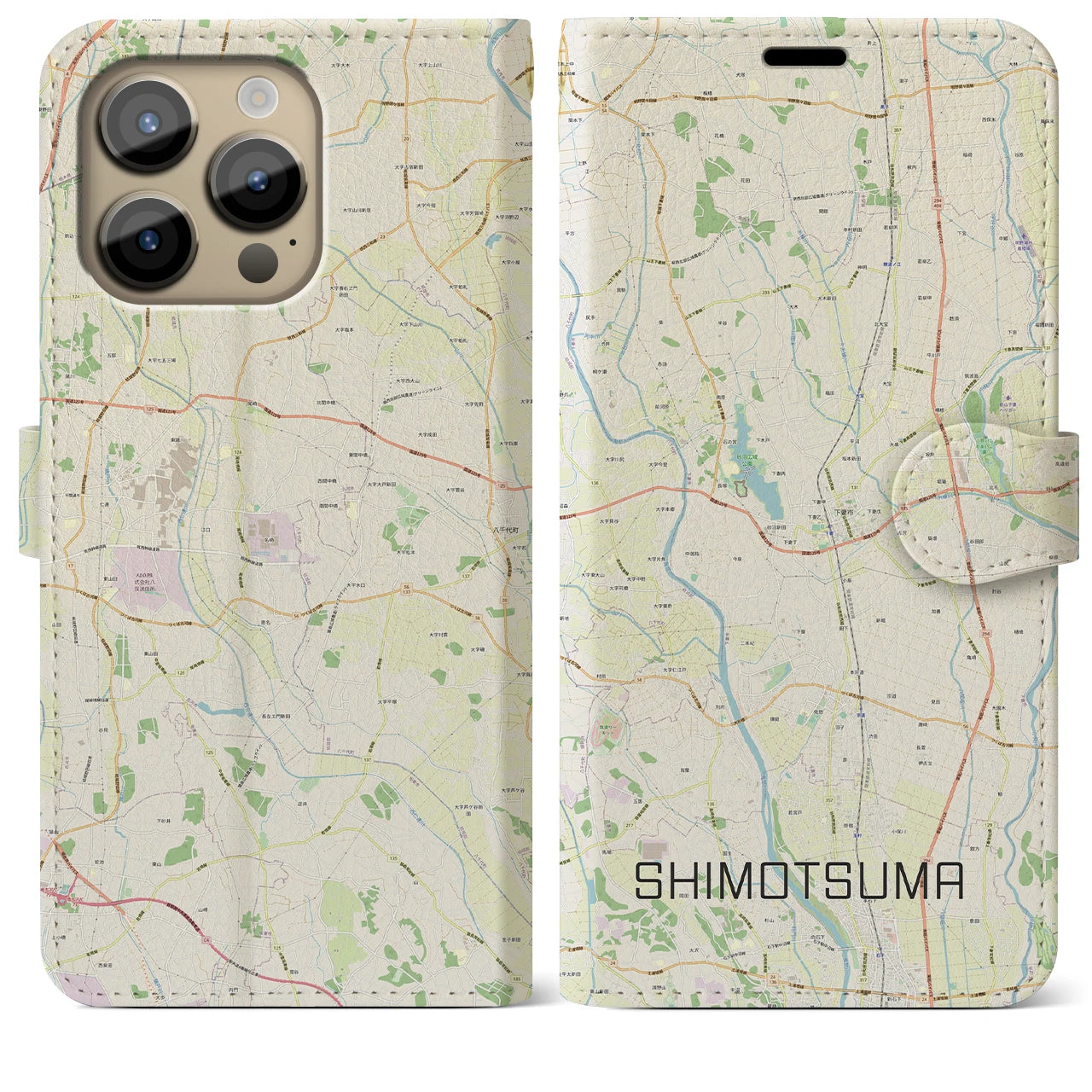 【下妻(茨城県)】地図柄iPhoneケース(手帳タイプ)ナチュラル・iPhone 14 Pro Max 用
