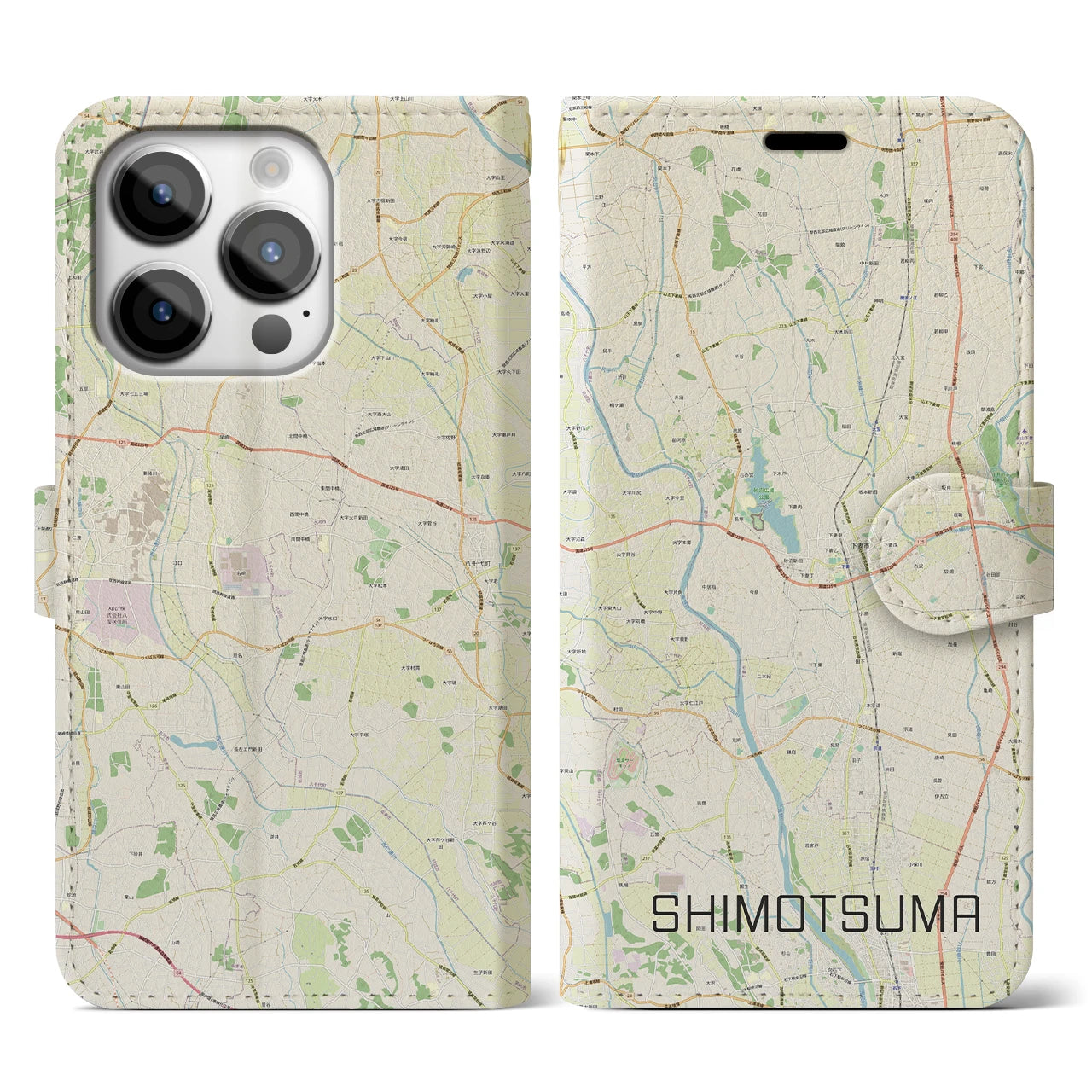 【下妻(茨城県)】地図柄iPhoneケース(手帳タイプ)ナチュラル・iPhone 14 Pro 用