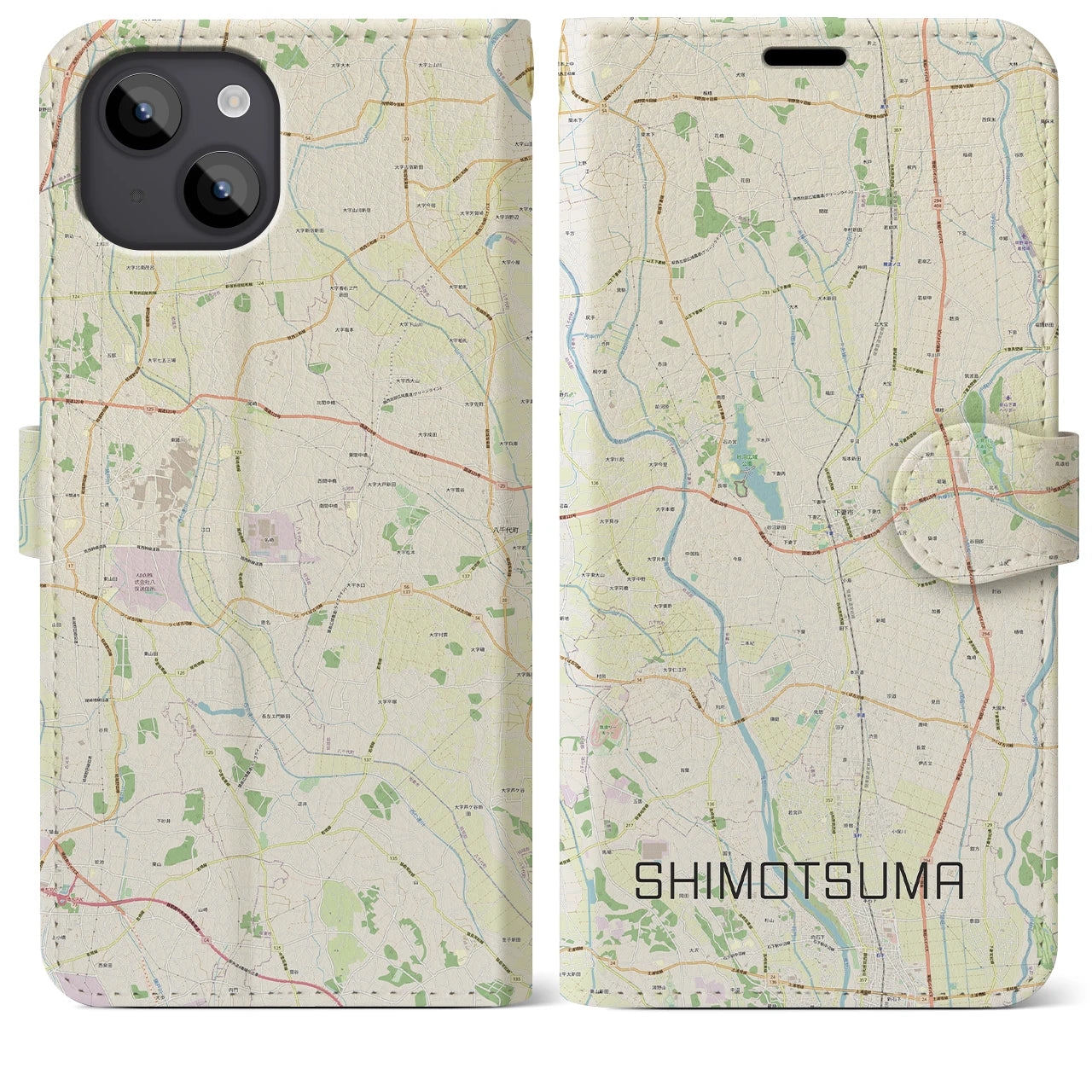 【下妻(茨城県)】地図柄iPhoneケース(手帳タイプ)ナチュラル・iPhone 14 Plus 用