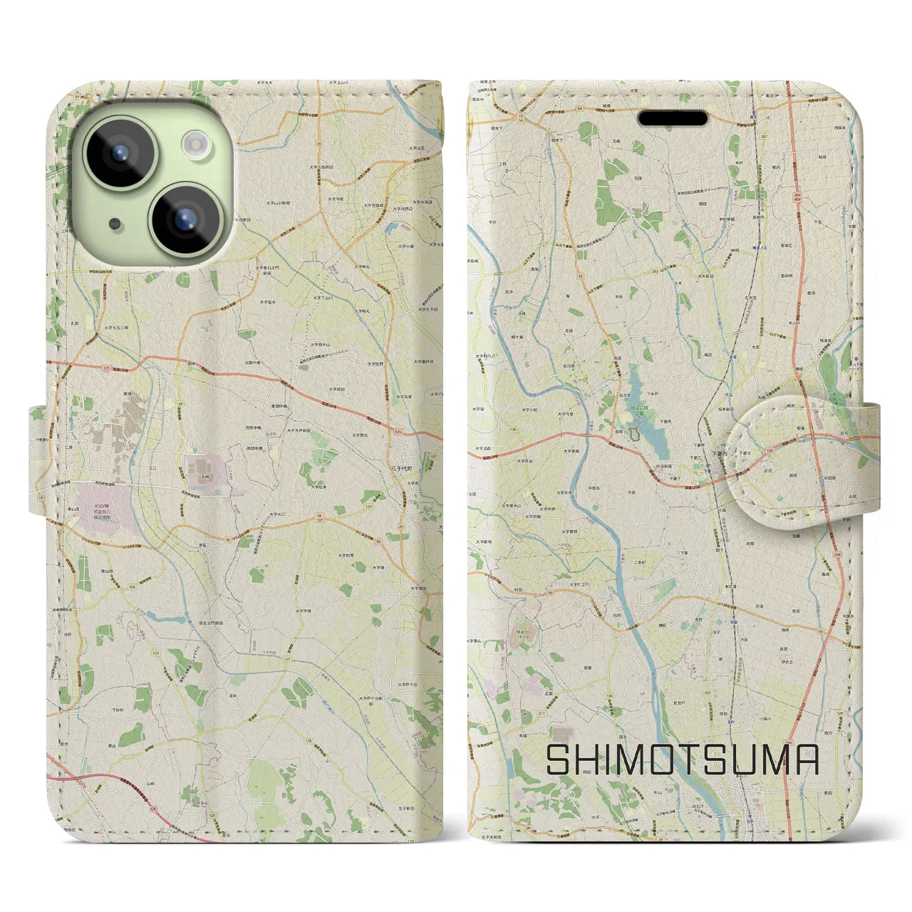 【下妻(茨城県)】地図柄iPhoneケース(手帳タイプ)ナチュラル・iPhone 15 用