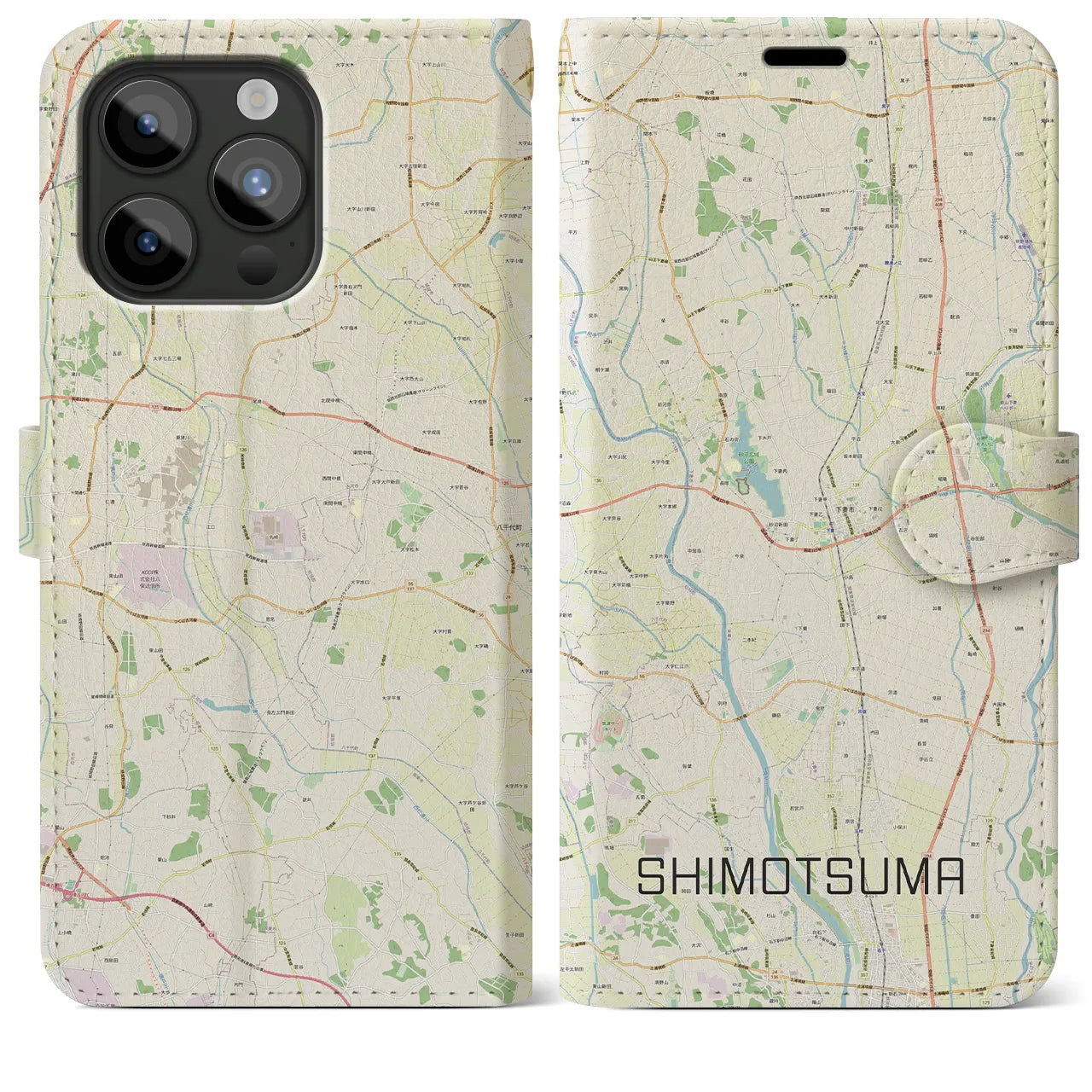 【下妻(茨城県)】地図柄iPhoneケース(手帳タイプ)ナチュラル・iPhone 15 Pro Max 用